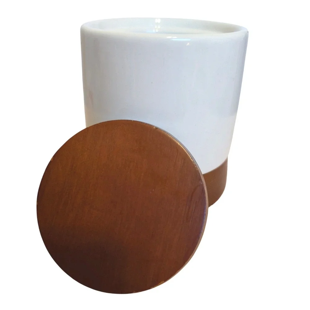 White Ceramic Canister with Wood Base and Lid Mid Century Modern Style